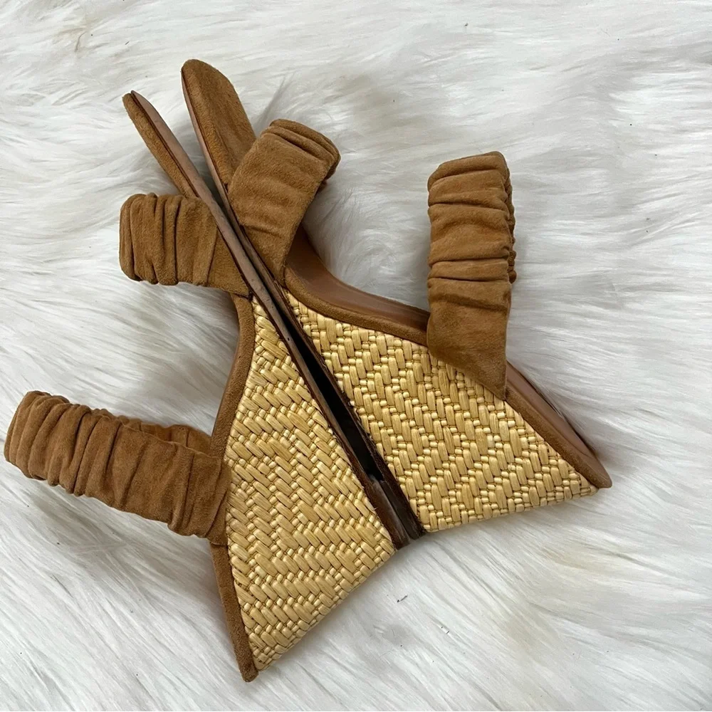 STAUD Tan Suede Frankie Ruched Leather Caramel Wedges Strappy Sandals sz. 9